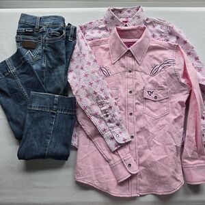 Girls' Pink Western Button-Down Shirts And Wrangler Jeans Western Equestrian